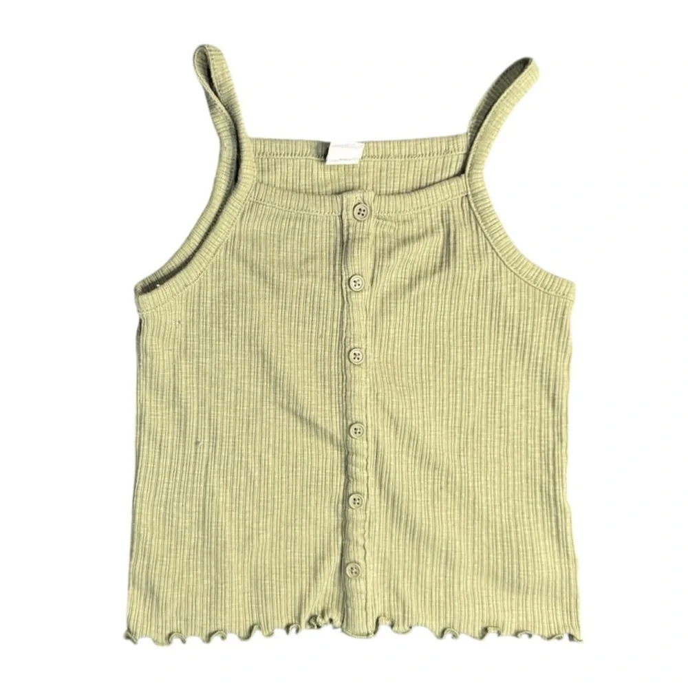 Old Navy Olive Green Ribbed Button Front Tank Top Girls Small 6/7 Cotton Henley